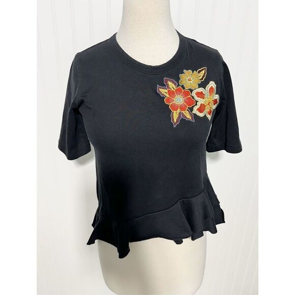 Sandro Paris Women's Asymmetric Peplum Floral Patch Embroidered Tee Black Size 4 - Picture 11 of 15
